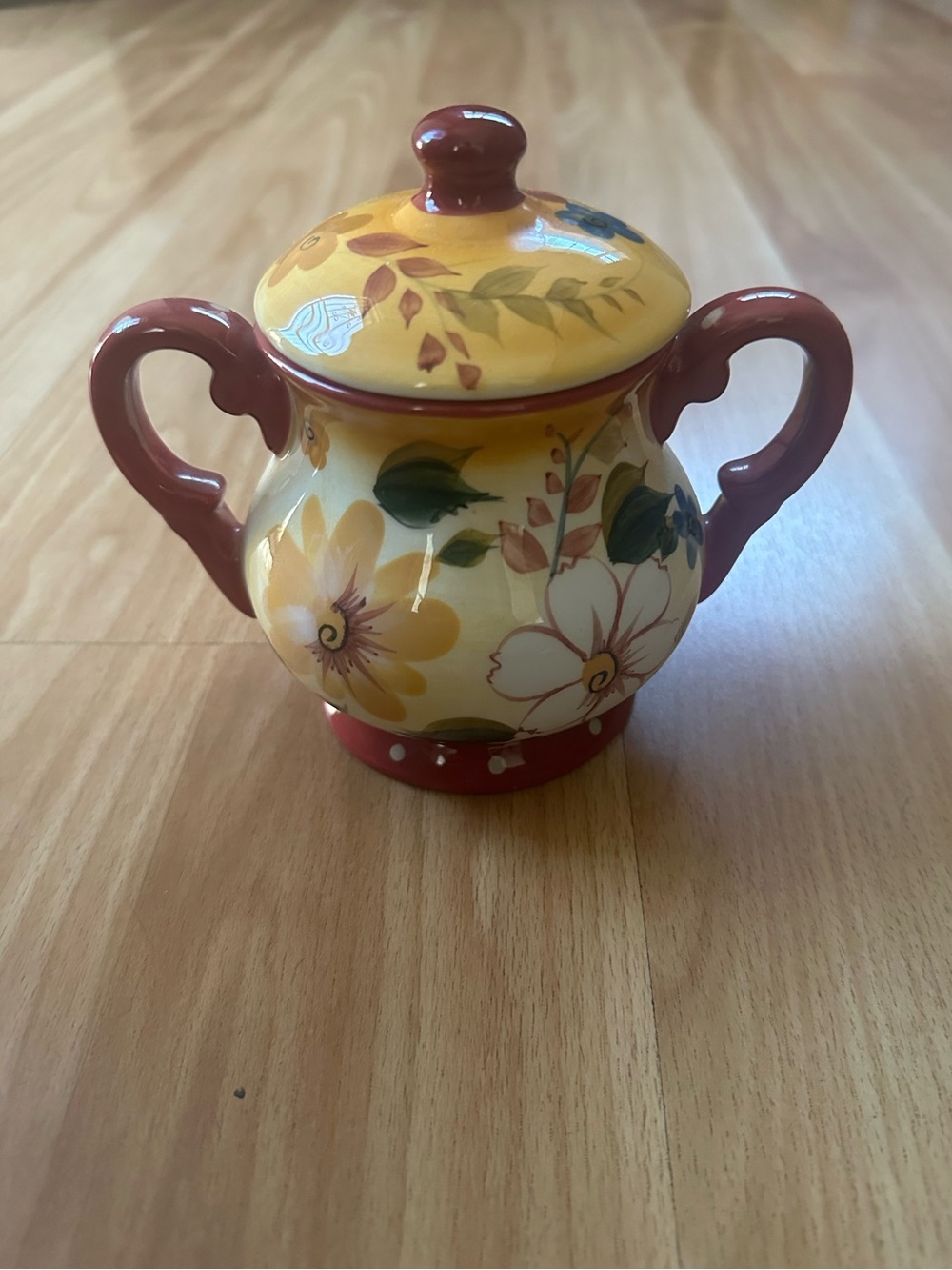 Oneida Kitchen "Sunset Bouquet" hand-painted ceramic covered sugar bowl